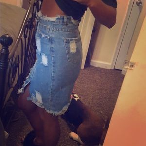 Distressed high waisted denim skirt